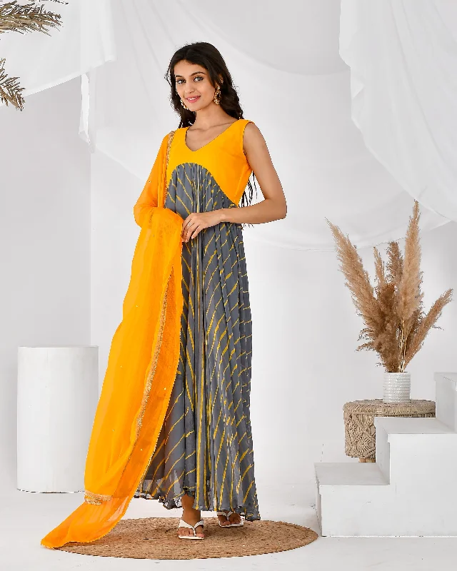 Women's YELLOW AND GREY LEHERIYA SET-RANGPUR