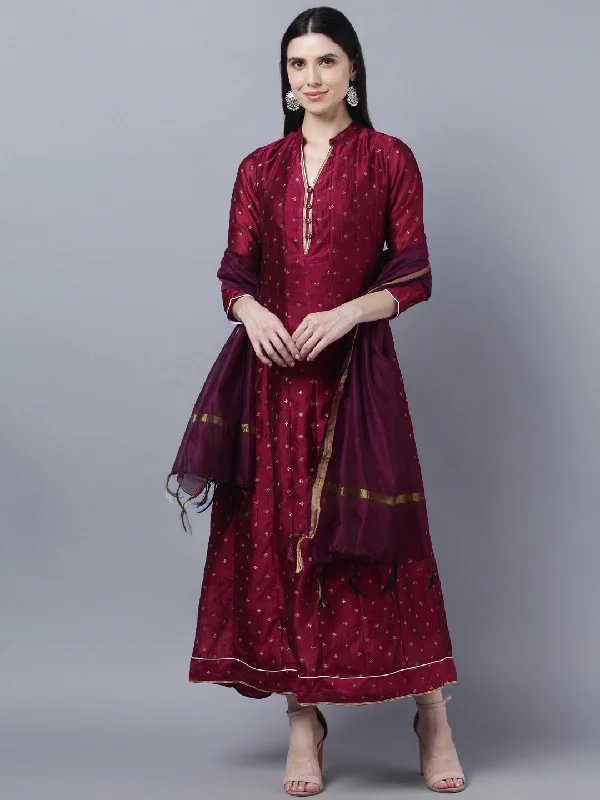 Women's Brown  Gold-Toned Anarkali Kurta With Dupatta - Myshka