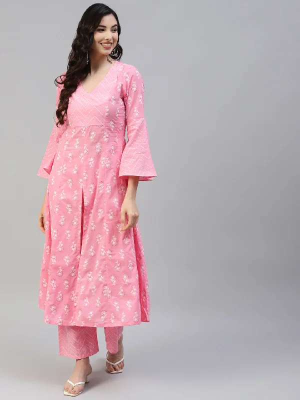 Women's Pink Cotton Printed Anarkali Kurta With Palazzo -  Poshak Hub