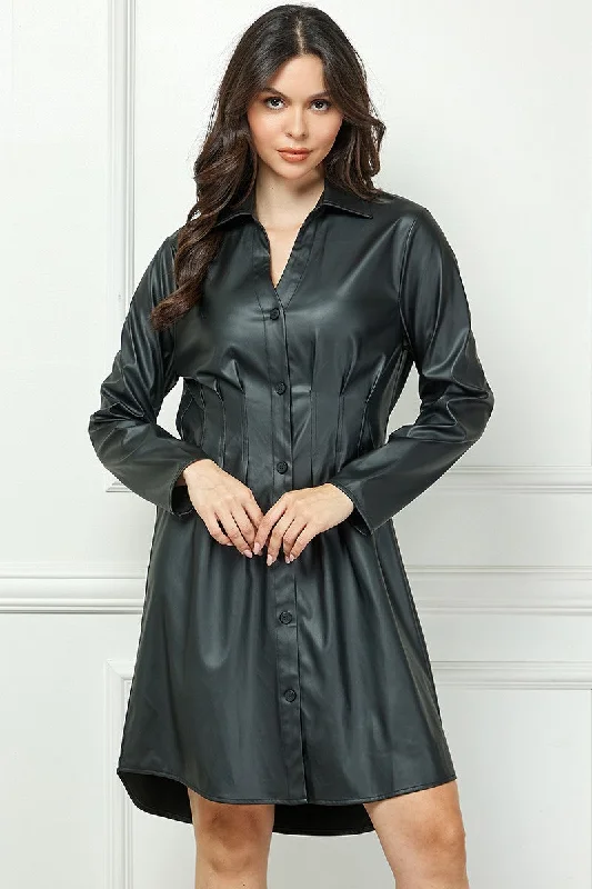 BLACK FAUX LEATHER BUTTON DOWN LONG SLEEVES MINI DRESS AVD51909W