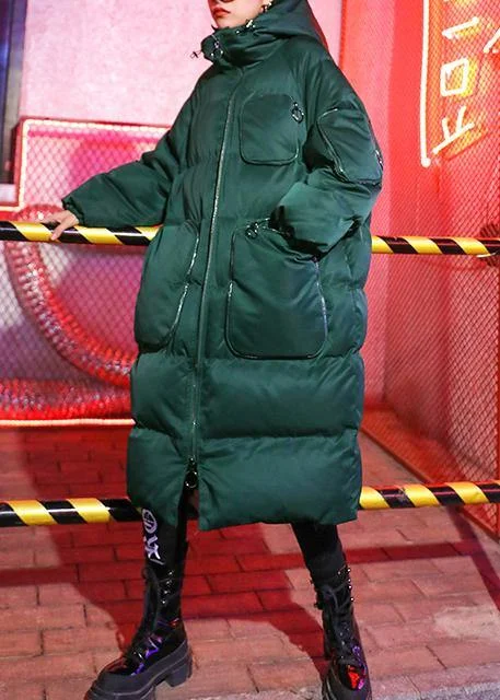 Luxury green winter parkas Loose fitting snow jackets winter hooded zippered coats