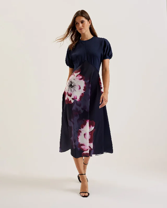 Mitzic Ponte Bodice Printed Satin Skirt Midi Dress Navy