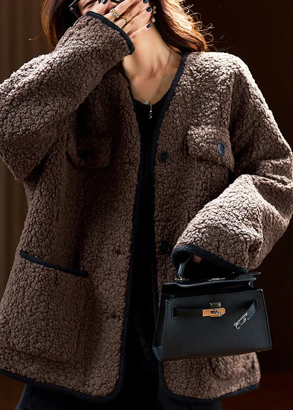 Stylish Coffee Pockets Button Faux Fur Fine Cotton Filled Coat Fall