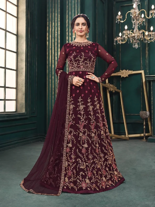 Women's Maroon Heavy Embroidered Party Wear Suit-Myracouture