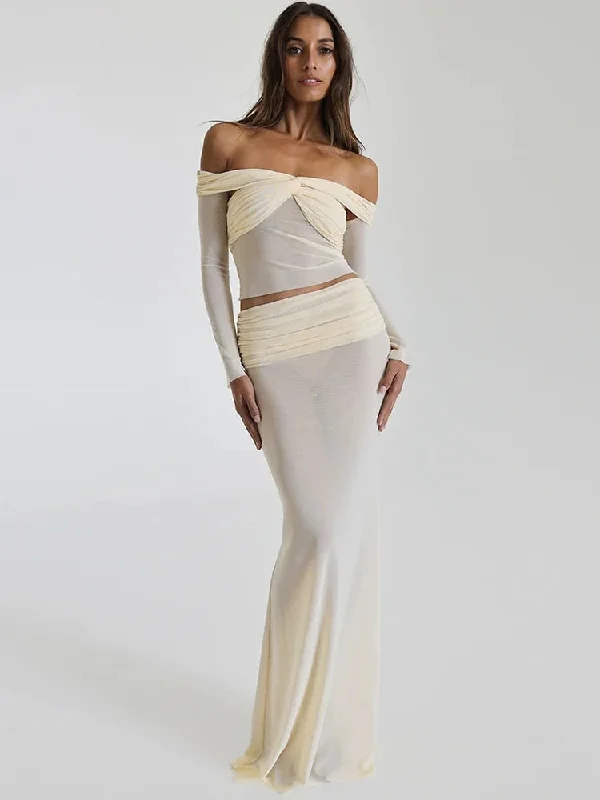 Off-shoulder Sheer Sleeved Crop & Long Skirt Sets