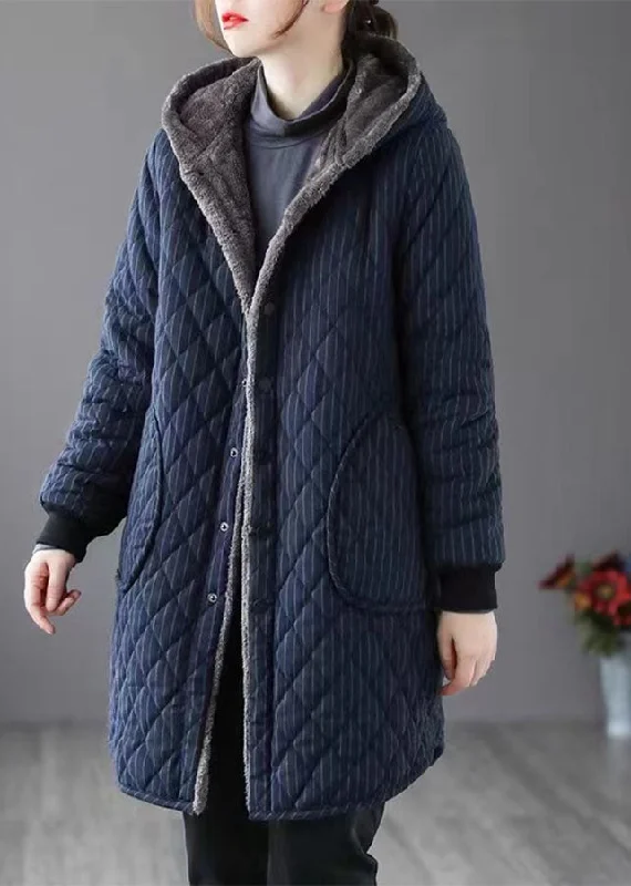 Chic Navy Hooded Striped Warm Fleece Parka Winter