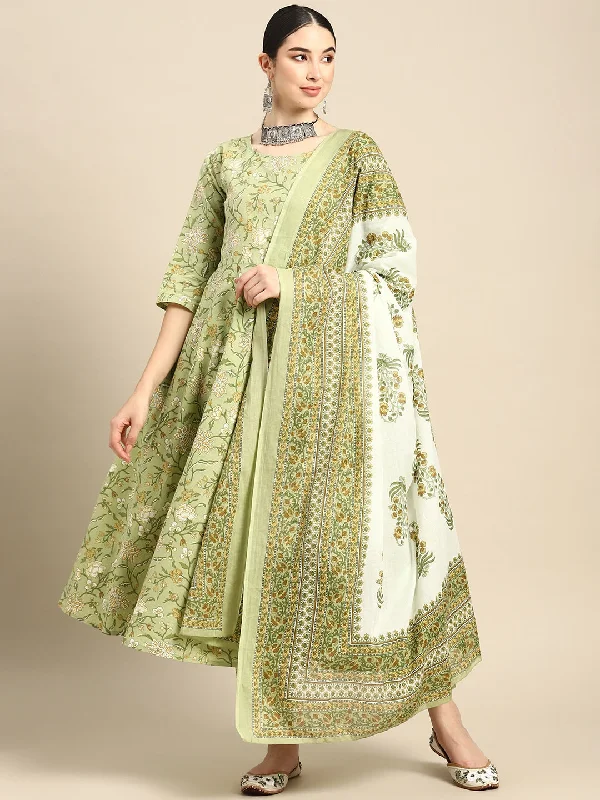 Women's Green Floral Printed Anarkali Kurta With Trouser And Dupatta - Nayo Clothing