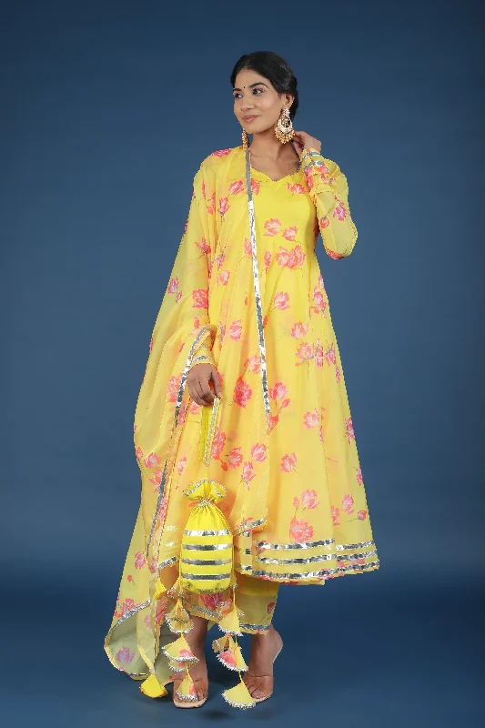 Women's Yellow Oleander Organza Anarkali - Pomcha Jaipur