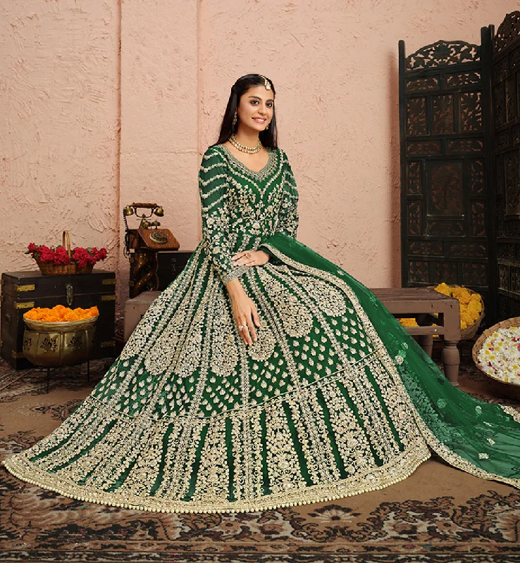 Women's Green Net Designer Floor Length Anarkali Suit - Monjolika