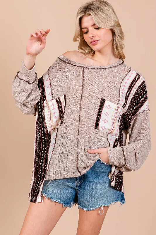 TAUPE ROUND NECK BOHO CONTRAST SWEATER CFTEU13761PA