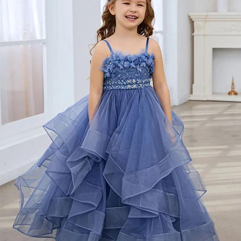 Blue Lace Tulle Flower Girl Dress - Spaghetti Straps