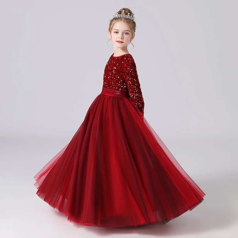 Customized Glitter Sequin Long-Sleeve Flower Girl Dress