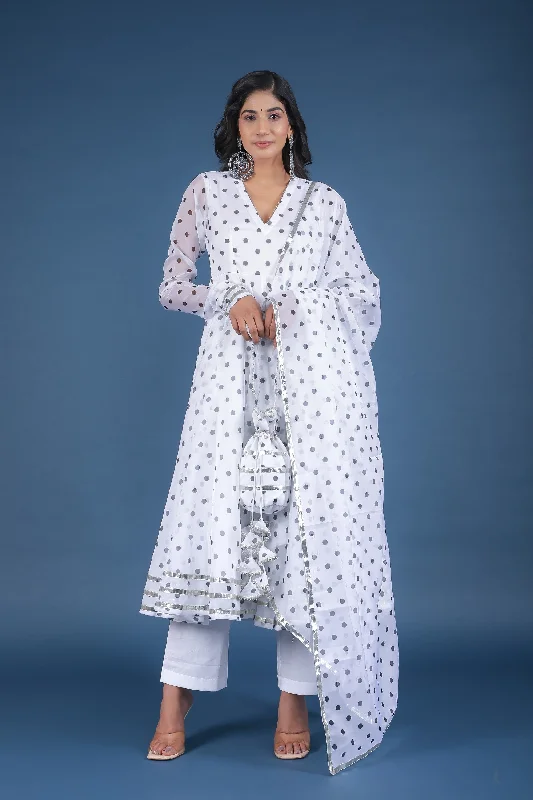 Women's Polka Dot White Organza Anarkali Set - Pomcha Jaipur