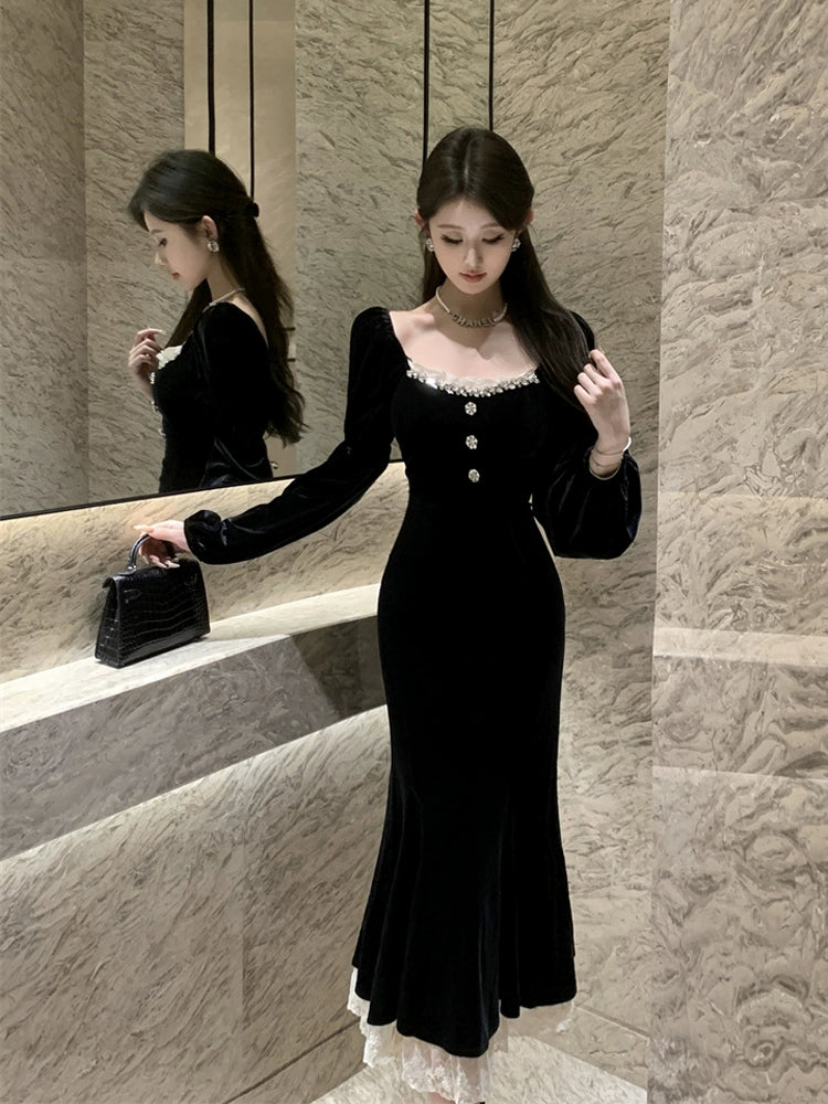 Black velvet dress for women winter birthday dress party dress      S5877