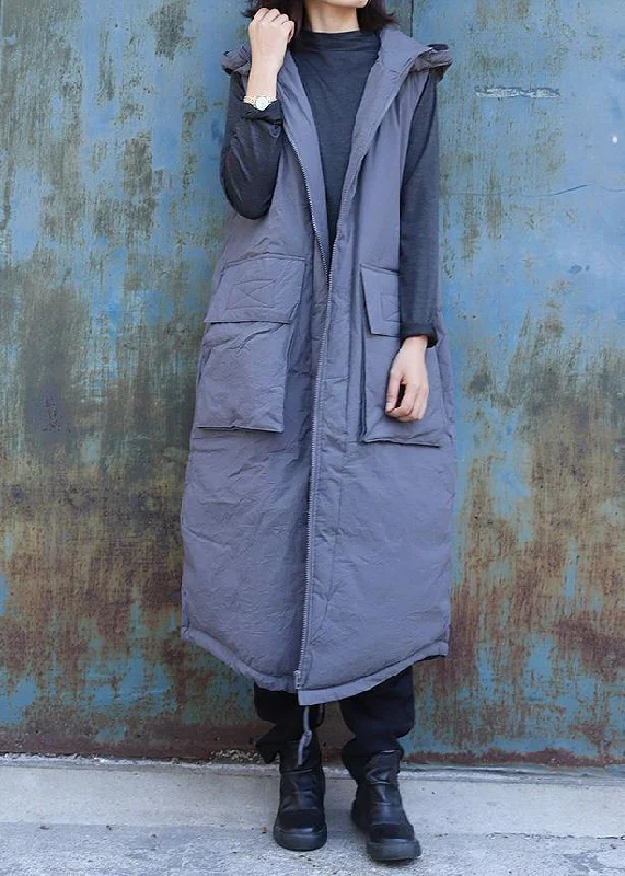 women plus size clothing winter jacket stand collar coats dark gray hooded sleeveless coats