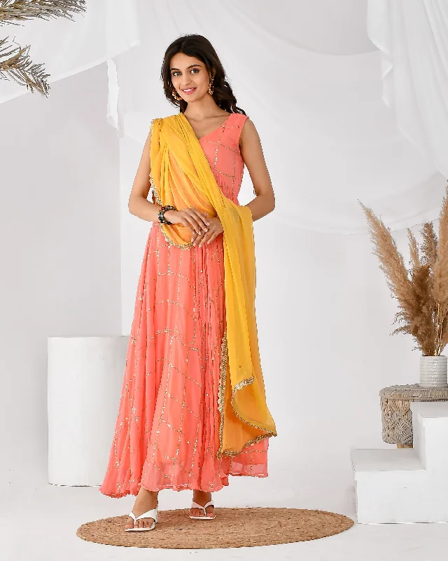 Women's Peach check anarkali set-RANGPUR