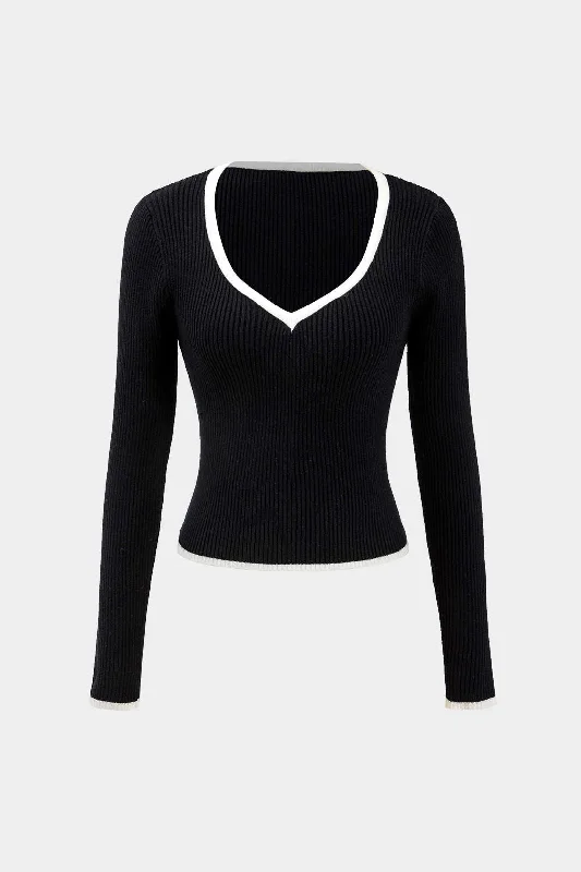 Knit V-Neck Long-Sleeve Top