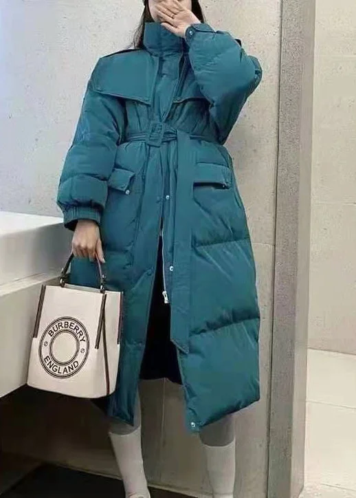 Chic Blue Stand Collar zippered Long Puffer Jacket Down Coat