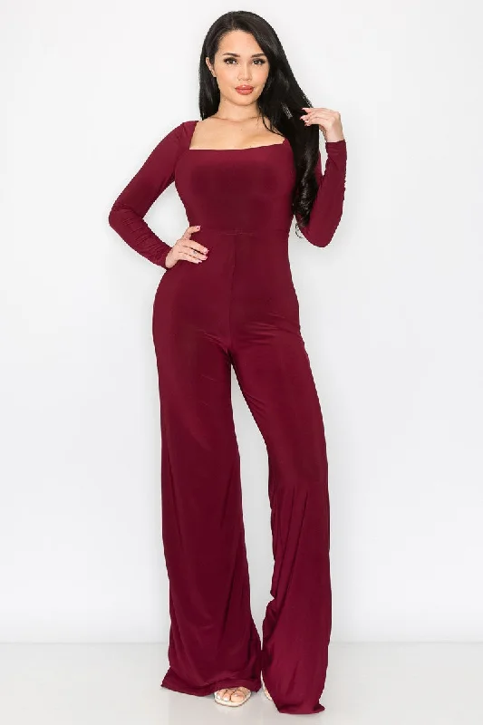 BURGUNDY LONG SLEEVES OPEN BACK STRING JUMPSUIT SP9631J