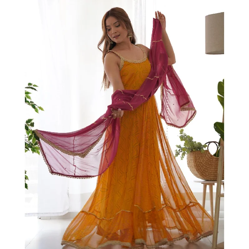 Women's Yellow Bandhani Anarkali Kurta With Wine Dupatta - Rangpur