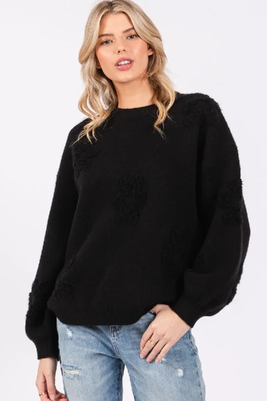 BLACK CREW NECK 3D FLORAL MOTIF LONG SLEEVES SWEATER SO7019T