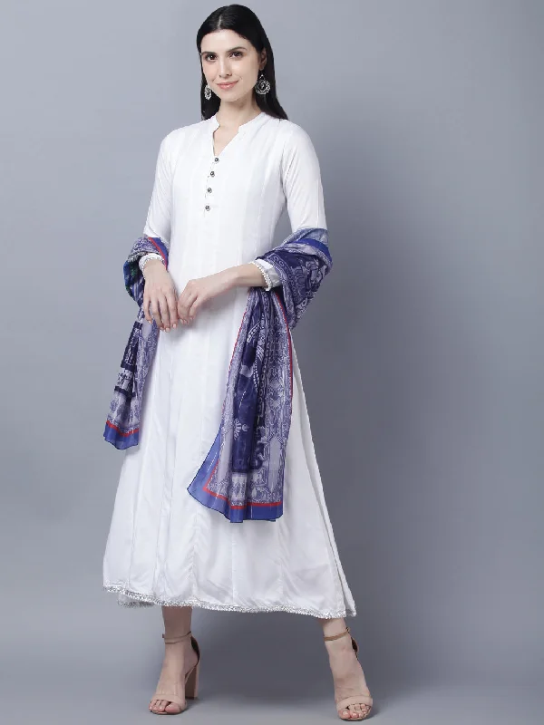 Women's White Anarkali Kurta With Dupatta - Myshka