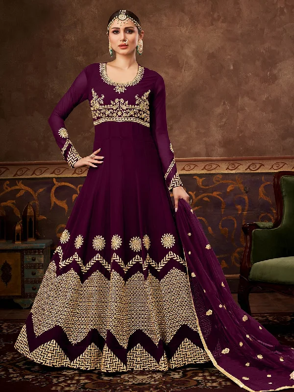 Women's Wine Real Georgette Embroidered Anarkali Suit - Myracouture