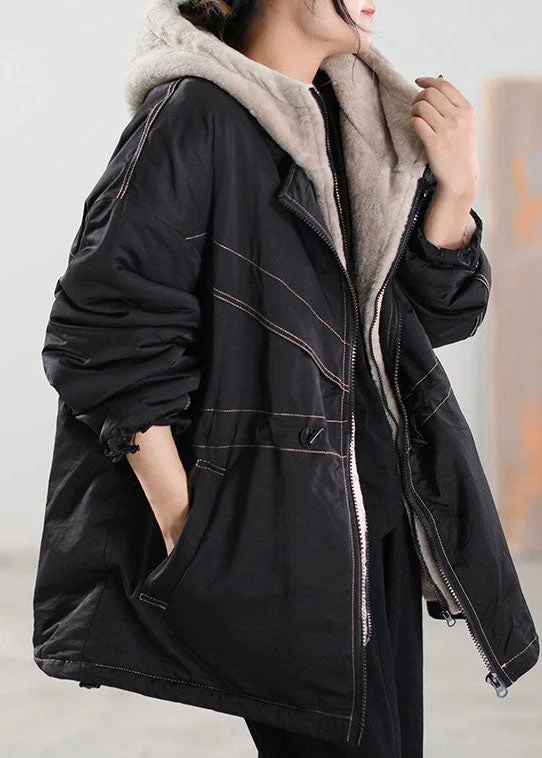 Fine Black Hooded Patchwork Cashmere Parkas Winter