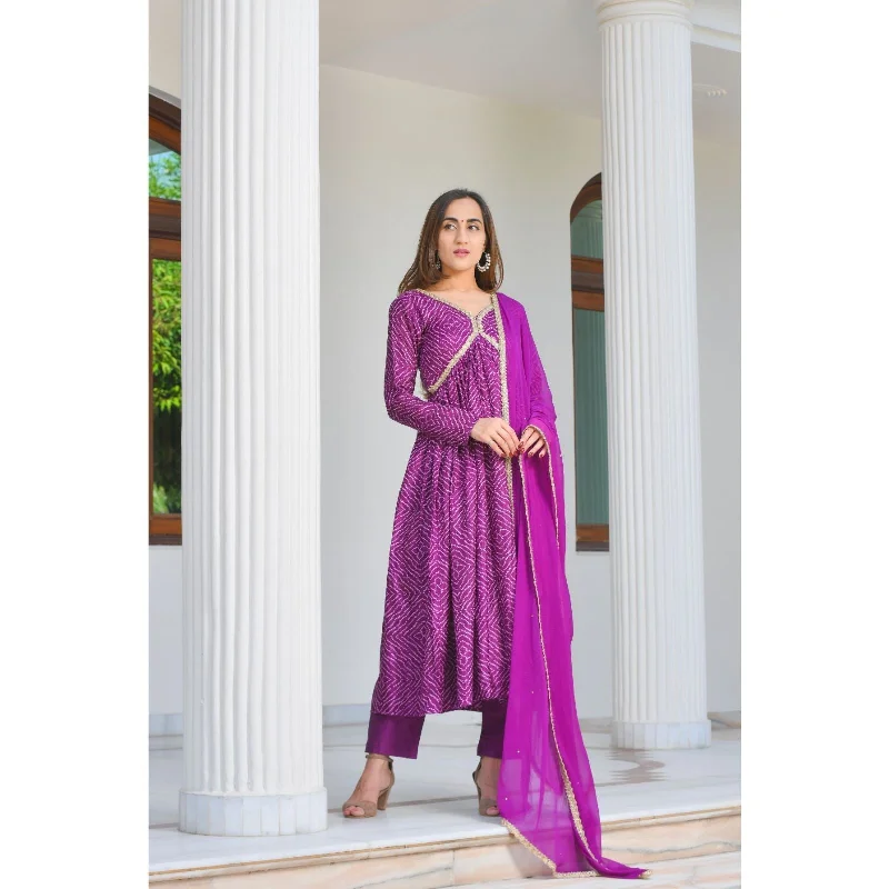 Women's Purple Bandhani Anarkali Set With Dupatta - Rangpur