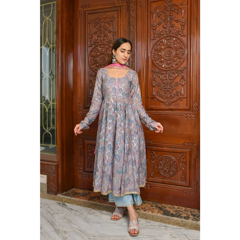 Women's Grey Embroidered Anarkali Palazzo Set With Dupatta - Rangpur