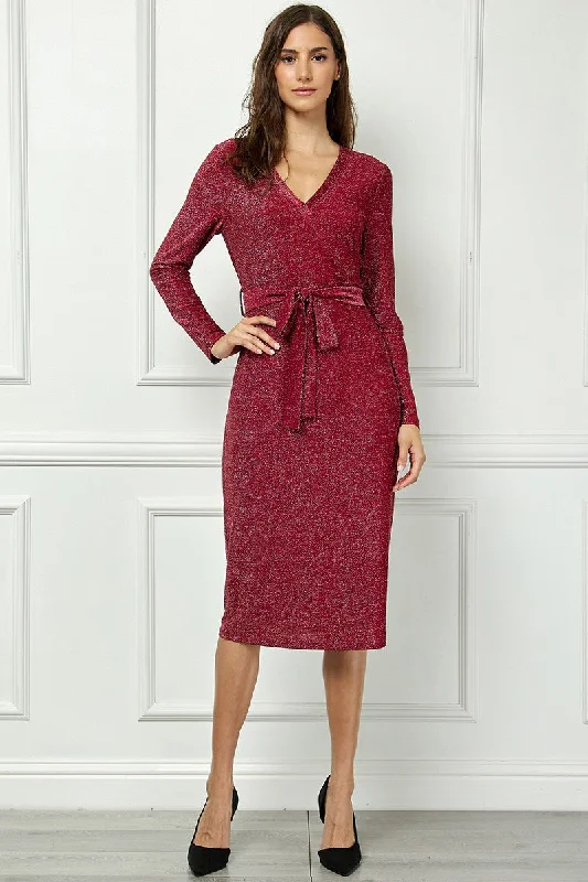 RED V-NECK LONG SLEEVES SELF-TIE WAIST KNIT MIDI DRESS AVD51163K