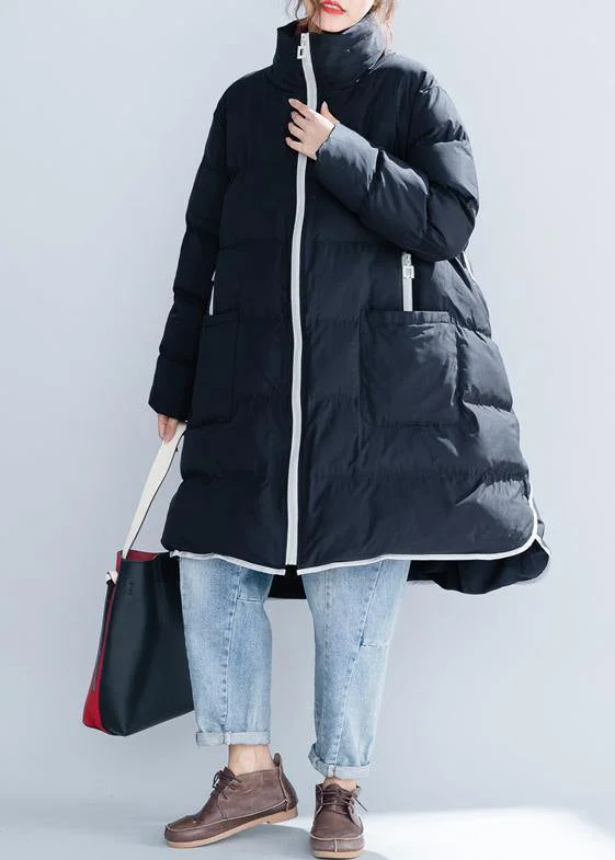 2024 black cotton jacket trendy plus size stand collar zippered Warm pockets thick winter cotton coats