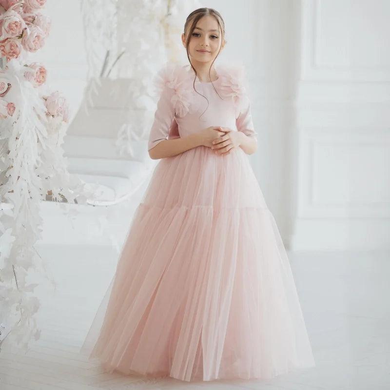 Pink Feather V-Back Flower Girl Gown