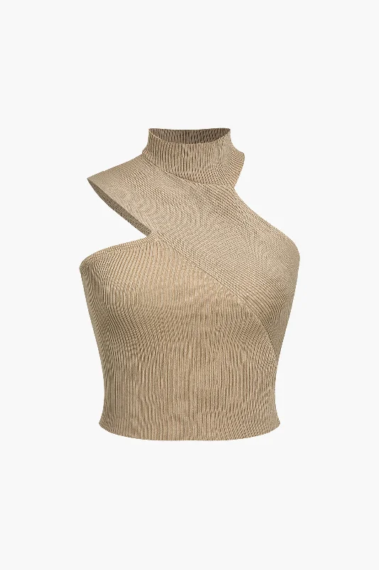 Solid Knit Asymmetrical Mock Neck Tank Top