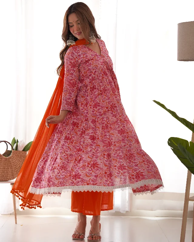 Women's Pink Orange Floral Anarkali Palazzo Set With Dupatta - Rangpur