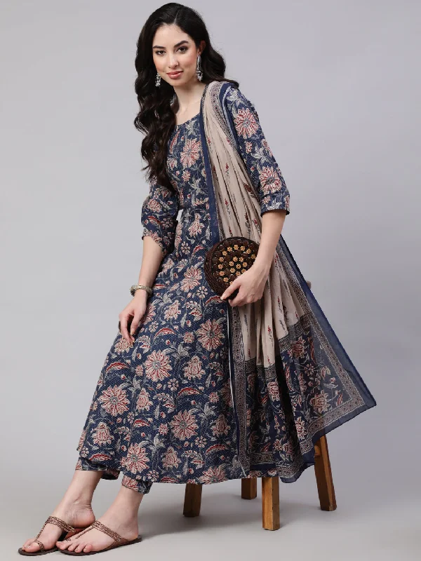 Women's Blue Floral Printed Anarkali Kurta With Trouser And Dupatta - Nayo Clothing