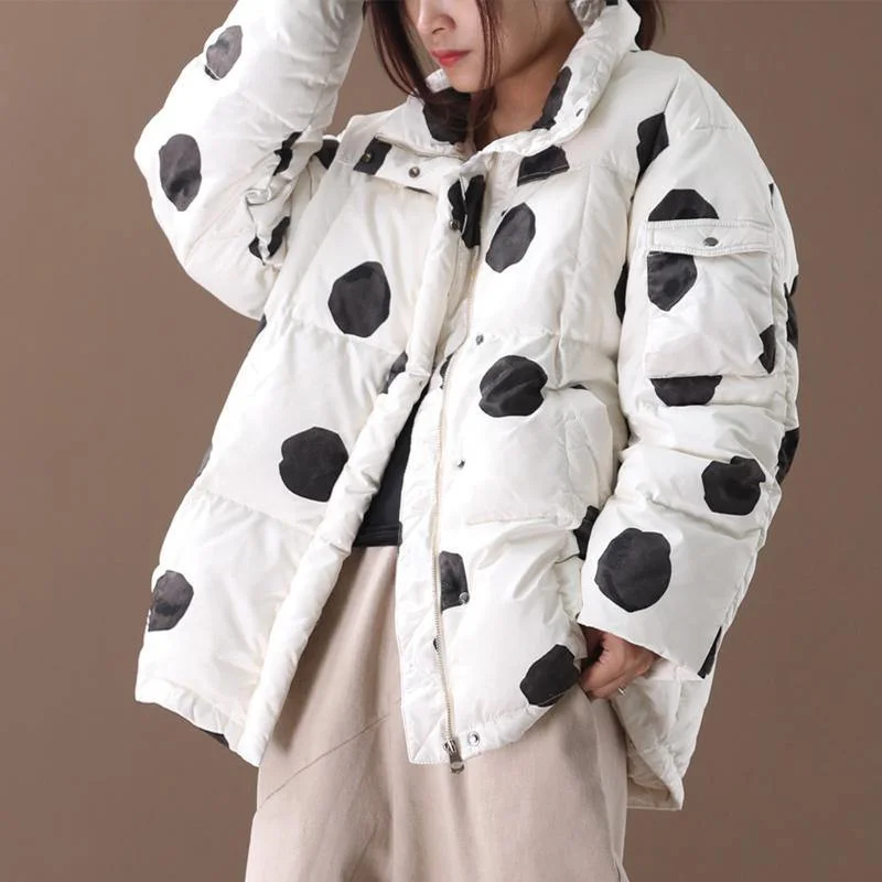 black dotted duck down coat plus size down jacket stand collar zippered Elegant coats