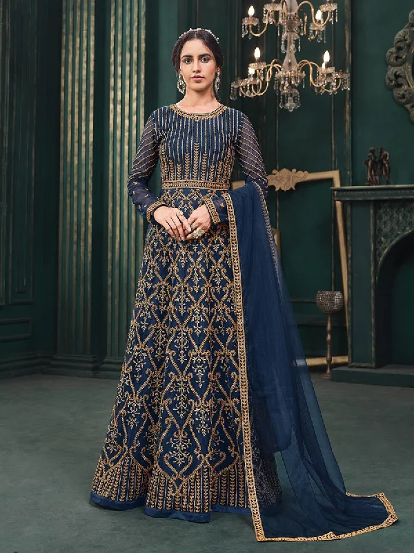 Women's Navy Blue Heavy Embroidered Party Wear Suit-Myracouture