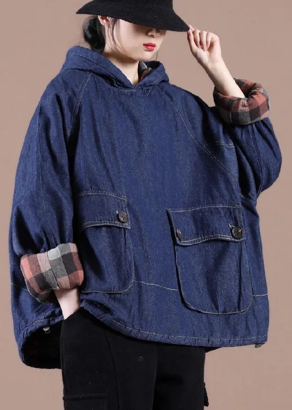 French Denim Blue Clothes For Women Hooded Pockets Oversized Spring Tops