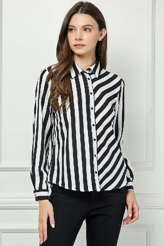 BLACK STRIPE COLLARED LONG SLEEVES TOP AVB51207W