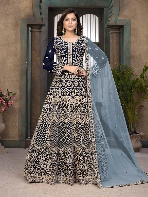 Women's Navy Blue Georgette Wedding Anarkali Suit-Myracouture