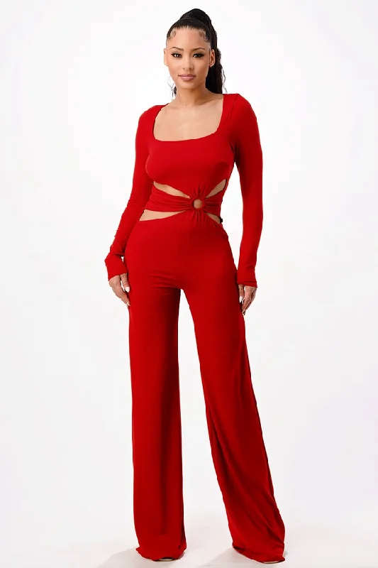 RUST SQUARE NECK LONG SLEEVES CUTOUT WAIST JUMPSUIT SP8842J