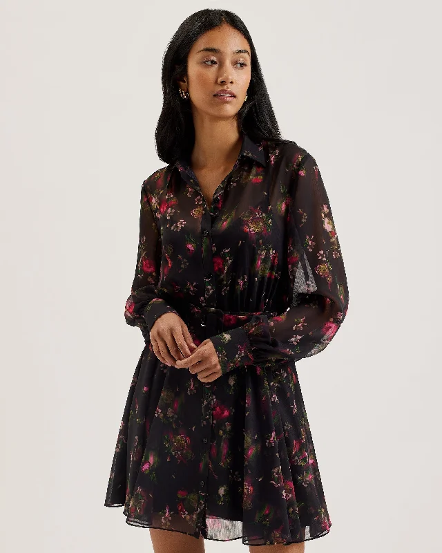 Ebene Collared Printed Button Down Mini Dress Black