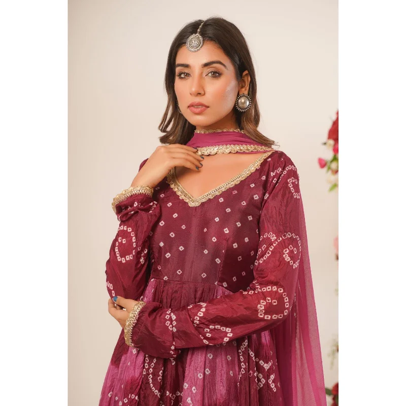 Women's Mauve Bandhani Anarkali Kurta With Dupatta - Rangpur