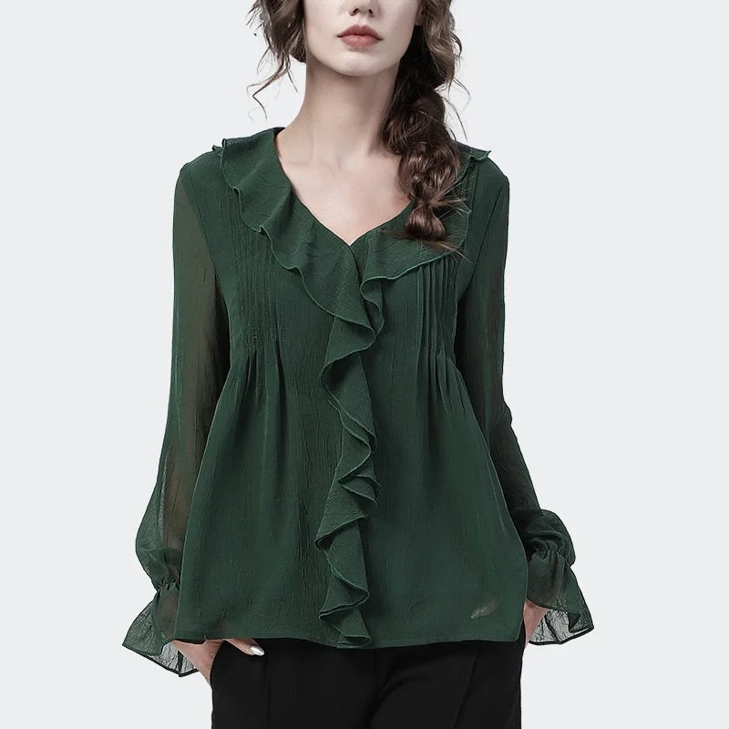 Women's Ruffled V-Neck Lantern Sleeves Pleated Chic Blouse