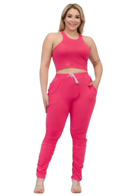 Plus Size Crop Tank Top & Ruched Pants Set