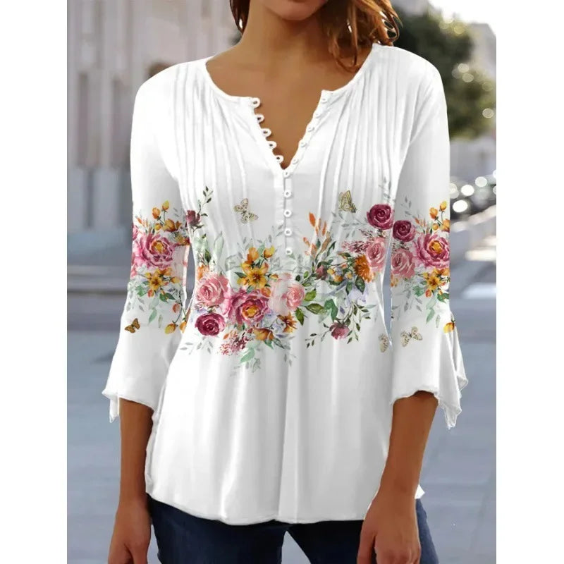 Women's Polyester V-Neck Long Sleeves Floral Pattern Mini Blouse