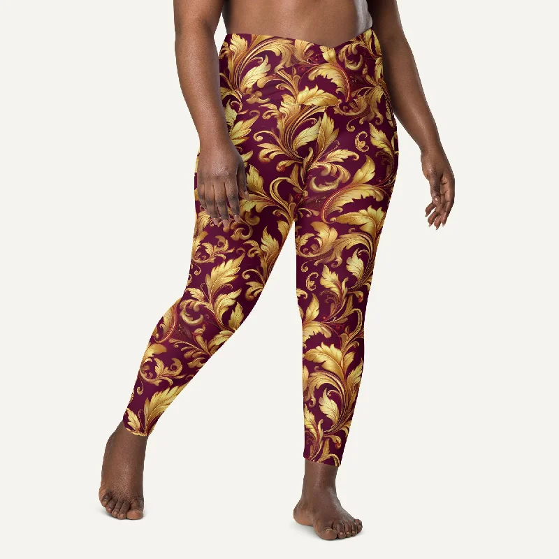 Baroque Flourish Burgundy Crossover Leggings With Pockets