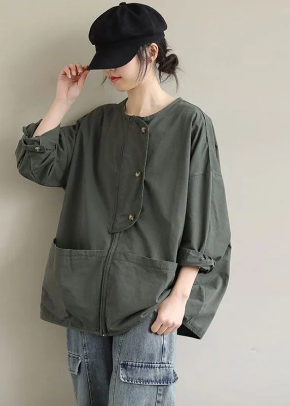 Women Army Green Zip Up Pockets Cotton Coat Spring