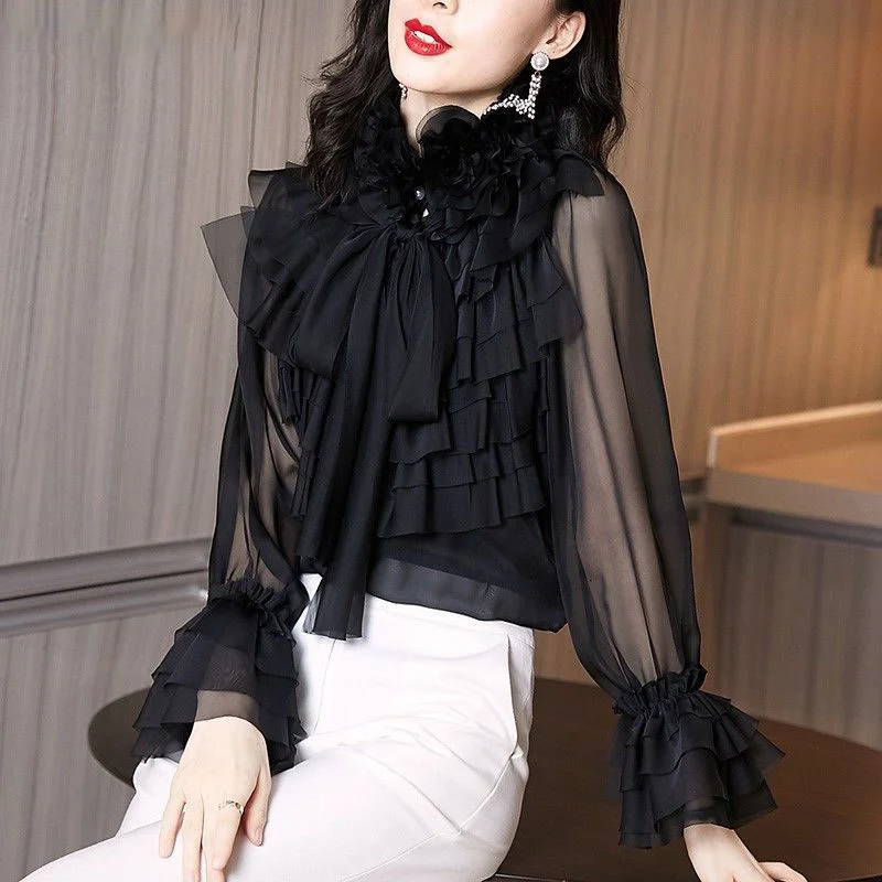 Women's Ruffled Bow Petal Full Sleeve Solid Blended Blouses